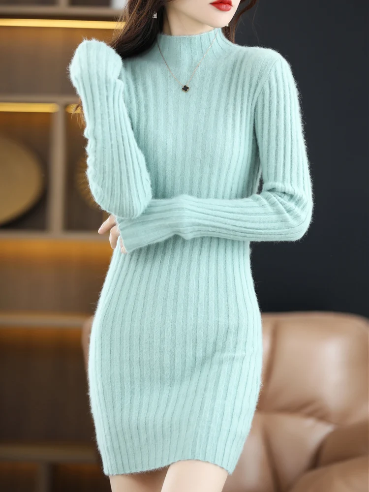 Autumn Winter Cashmere Dress Women's Mock Neck Sweater Pullovers 100% Mink Cashmere Knitwear Striped Slim Female Clothing Skirts