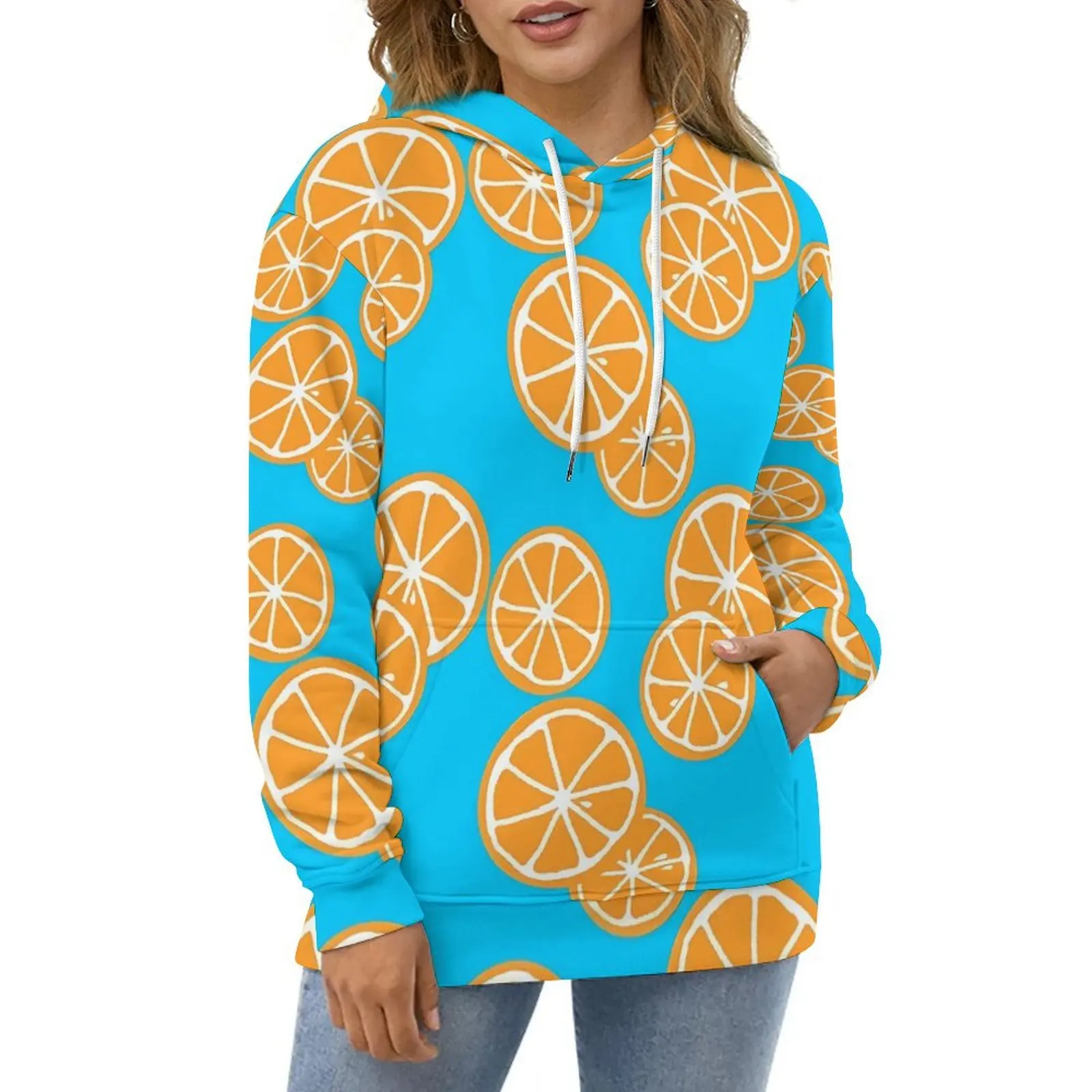 

Oranges Slices Hoodies Blue Fruits Street Fashion Oversized Pullover Hoodie Ladies Long Sleeve Retro Custom Casual Sweatshirts