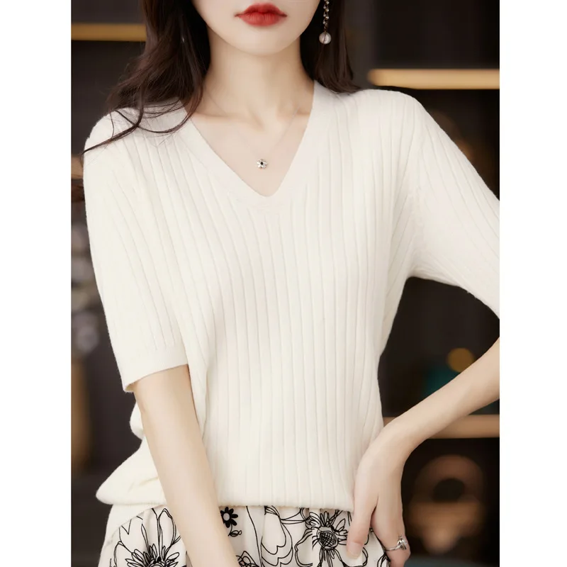 2024 Women Sweater Short Sleeve Spring Summer Knitwears Korean Fashion Stripe Pullovers Slim Fit Knit Tops Casual V-neck Jumpers