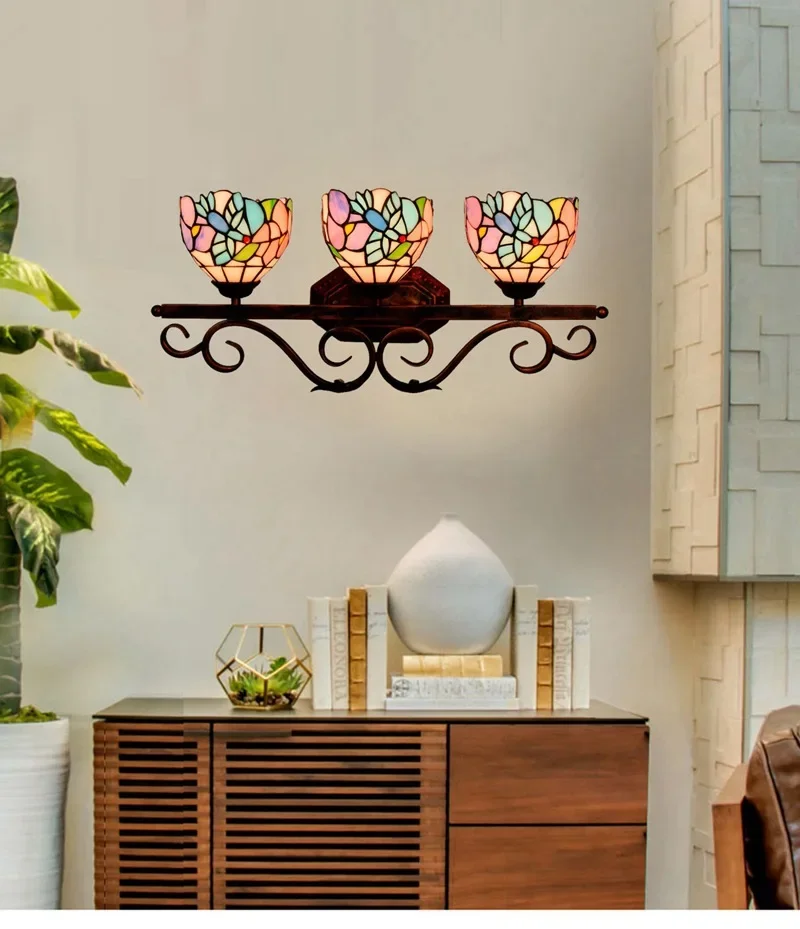 الزجاج الملون الرعوي العتيق، مصابيح أمامية لمرآة الحمام الأمريكية، مطعم بار المدخل