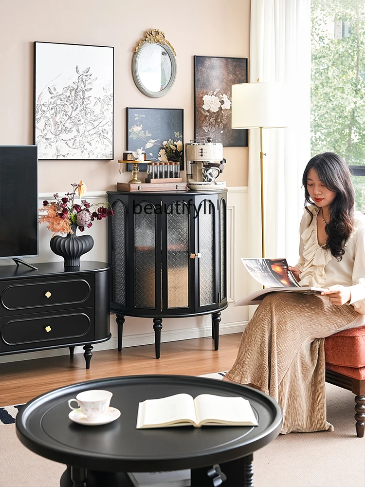 

Vintage Solid Wood Entryway Cabinet Living Room Small Wine Cabinet Home American Mid-Century Glass Half-Round Display Cabinet