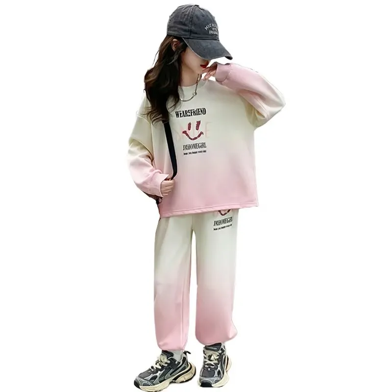 

Kids Spring Autumn Clothes Set For Girl Gradient Smile Face Print Sweatshirt Pants 2pcs Tracksuit Children Costume Outfit Suit