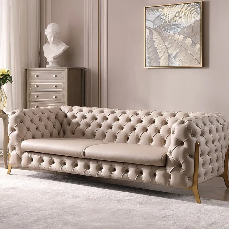 

Italian light luxury simple living room fabric pull buckle sofa Nordic modern size apartment Internet celebrity creative art fur