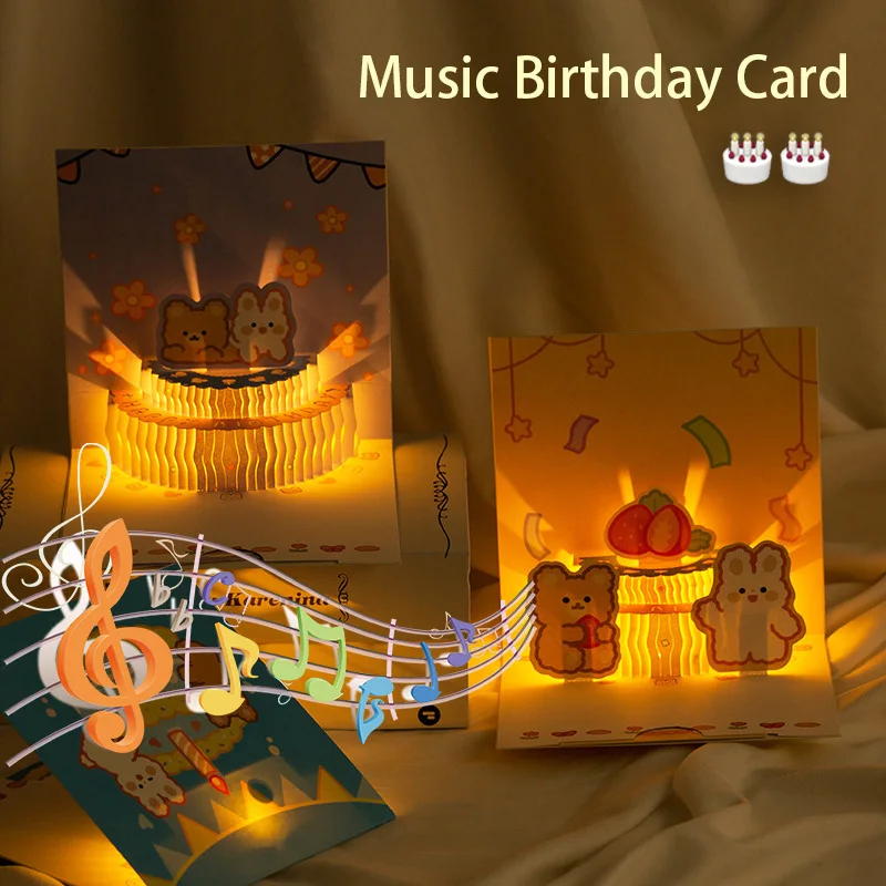 3D Pop Up Light Music Geburtstagskarte Niedliche Bärenkuchen Grußkarten Alles Gute zum Geburtstag Party Überraschung Segenskarte Geschenke – Detail 2
