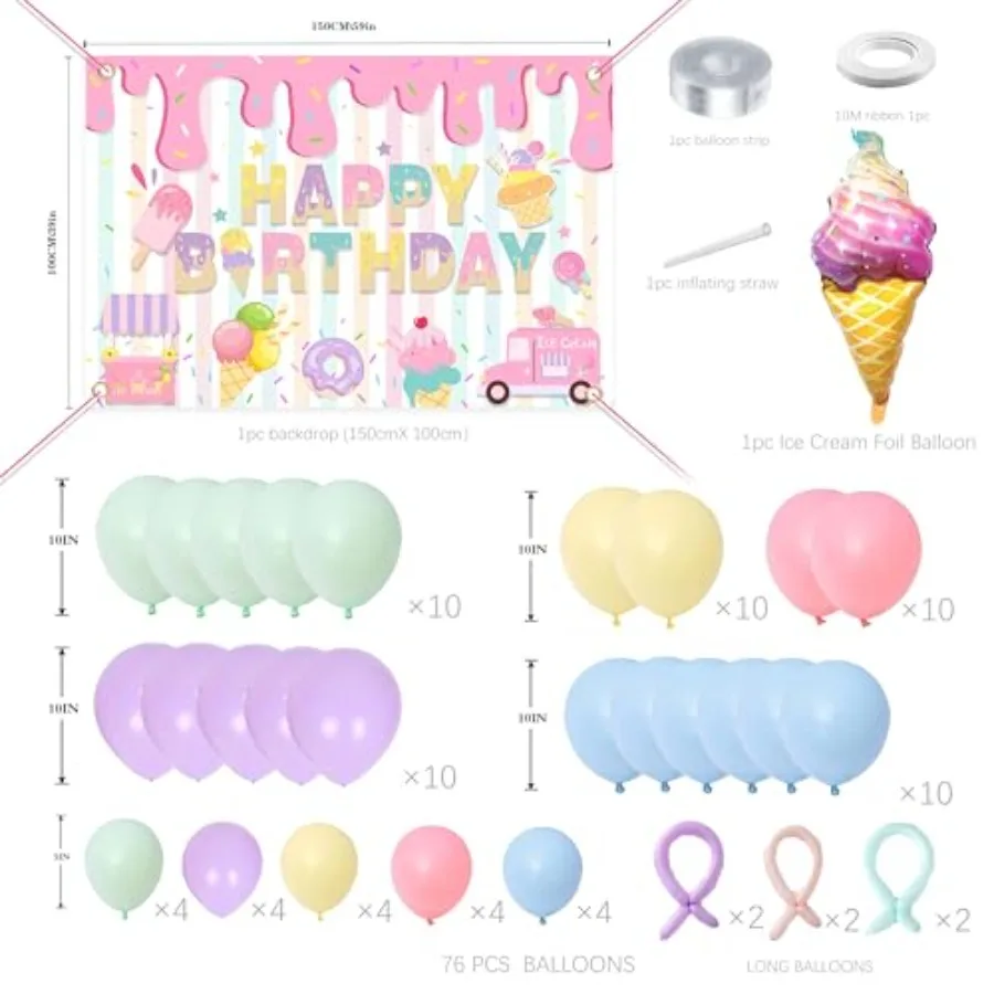 Décorations de fête d'anniversaire sur le thème de la crème glacée pour filles, Kit en arc de guirlande de ballons avec toile de fond joyeux anniversaire, fourniture complète de fête