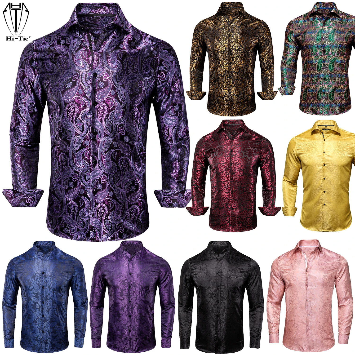 Hi-aught-Chemises tissées de luxe pour hommes, chemise à manches longues, coupe couvertes, violet, rouge, or, bleu, noir, gris, argent, mariage,