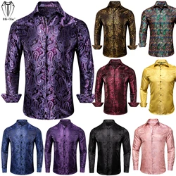 Hi-Tie Luxury Woven Silk Mens Shirts Long Sleeve Slim Fit Purple Red Gold Blue Black Grey Silver Shirt For Men Wedding Office XL