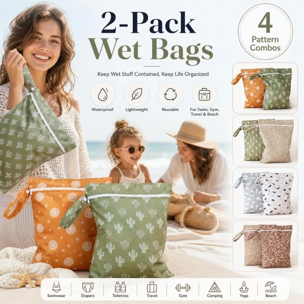 2pcs Reusable Printed Wet Dry Bag 10X14in Zipper Nappy Diaper Bag Portable Storage Bag Laundry Organizer Pouch for Camping