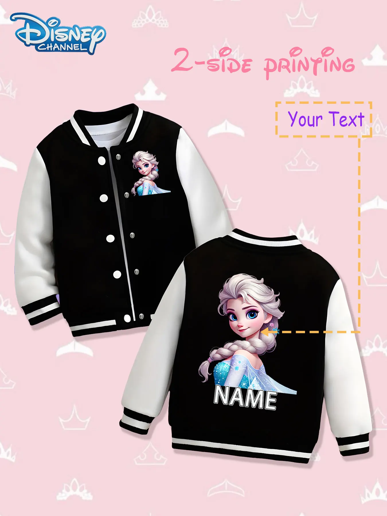 

MINISO Disney Elsa Simple Children's Baseball Jacket - Elsa's classic image is presented on both sides, with a red background an