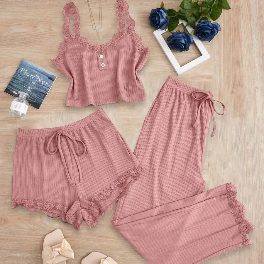 Conjunto de tres piezas con adornos de encaje para mujer, ropa ajustada para el hogar, camisón, camiseta sin mangas, pantalones, ropa de dormir cómoda y transpirable, verano