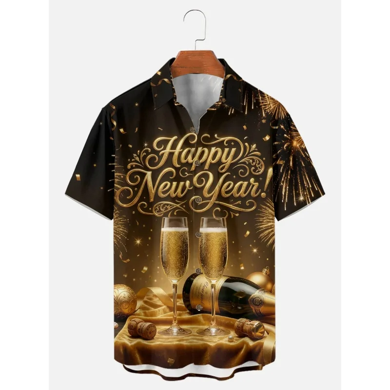 

Гавайская рубашка с фейерверком цвета шампанского для мужчин, с Новым годом, с 3D принтом, с короткими рукавами, летние свободные рубашки Aloha, блузки, топы
