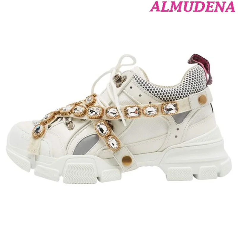 Men and Women Luxury Gem Chain Sneakers Real Leather Top Quality Lace up Crystal Hiking Shoes 2023 Trend Designer Soprts Shoes