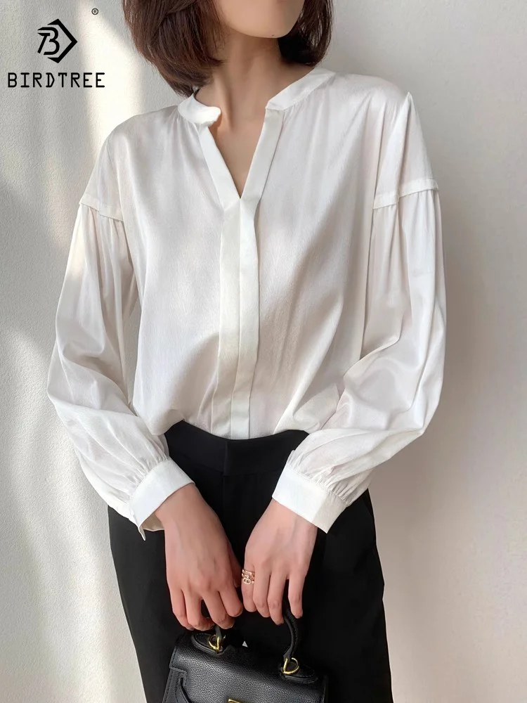 

Birdtree Women 93% Mulberry Silk 7% Spandex 20 momme Heavy Silk White Color long sleeve V neck shirt Top Blouse office T36965QM