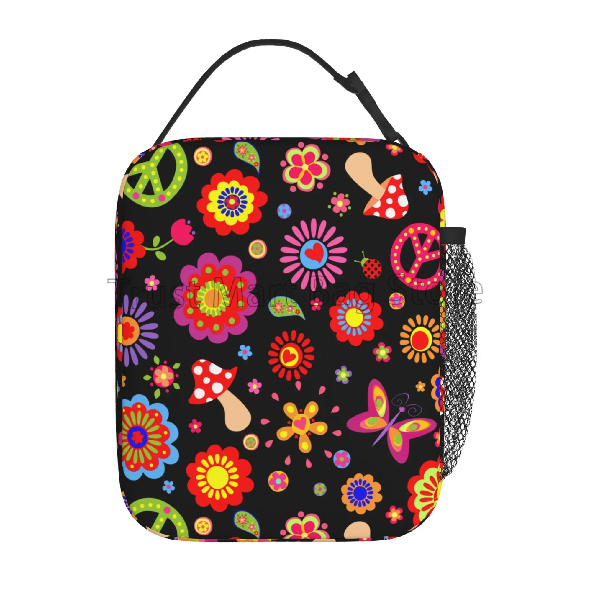 Bolsa de almuerzo reutilizable Peace Hippie con flores, bolsa Bento térmica Oxford impermeable portátil para trabajo, escuela, Picnic, viajes