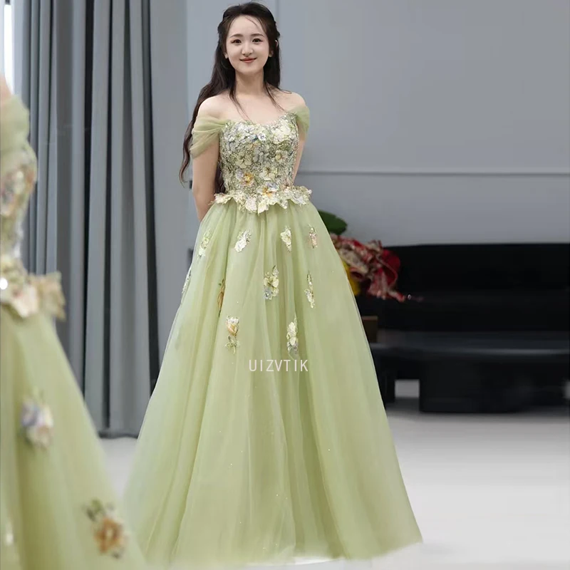 

Eegant Green Evening Dresses Women Off Shoulder Applique Floral Long Prom Gowns Customized Wedding Party Formal Occasion Dress