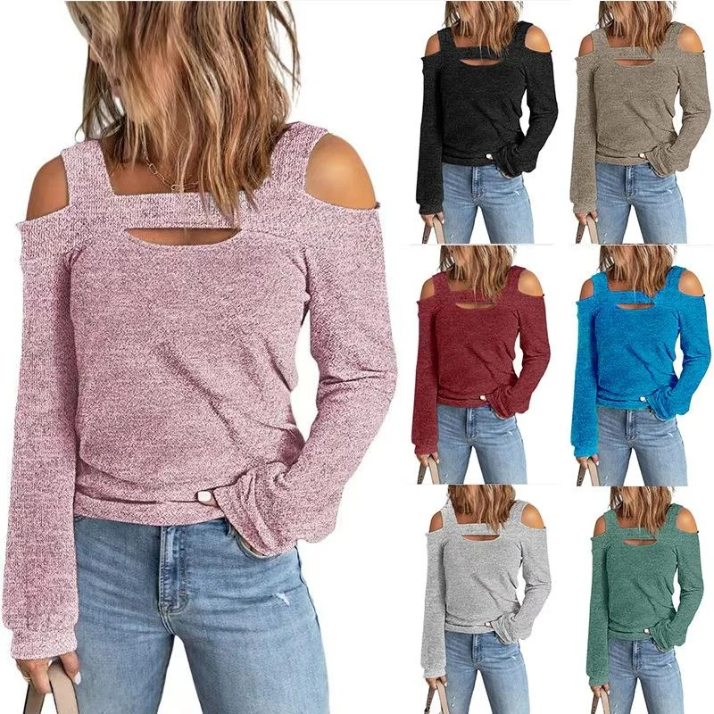 Women's Off-oulder Long Sve T-irt Cotton Loose Fit Splice Pure Color European Sle Ladies' Premium Quali T-irt