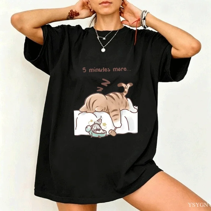 Women T-Shirt Summer The Cat That Always Wants To Sleep Pattern Prints T Shirt O-Neck Soft Loose Tops Basic Woman Clothes