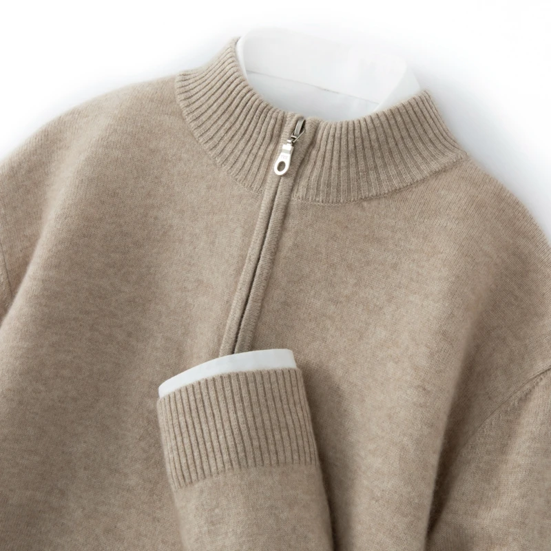 Chicuu suéter masculino 100% caxemira com zíper pulôver mock neck manga comprida básico malhas de caxemira outono inverno roupas tops