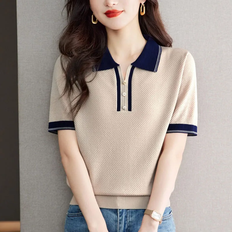 Feminino elegante contraste cor de malha pulôver turn down collar branco t camisas manga curta camisola topos feminino 2025 verão