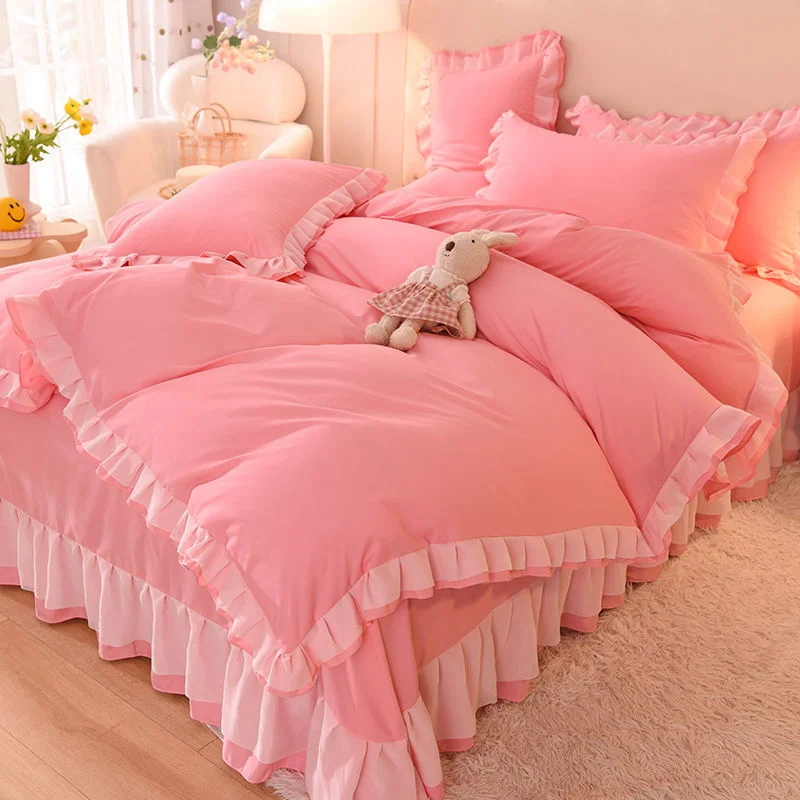 Pink Princess Girls Ruffle Lace Bedding Sets Luxury Quilt Cover Bed Sheet and Pillowcases Soft Bedclothes Decor Home