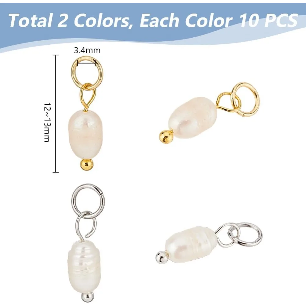 20pcs Natural Pearl Pendant Charms, Pearl Bead Pendant 12~13mm Irregular Pearl Bead with Golden/Stainless Steel Color Loop