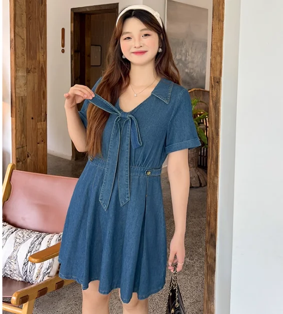 حجم كبير المرأة الصيف الحلو عالية الخصر ألف خط الرجعية الدنيم فستان مزاجه الخامس الرقبة القوس كلية نمط الأزرق مطوي فساتين #4