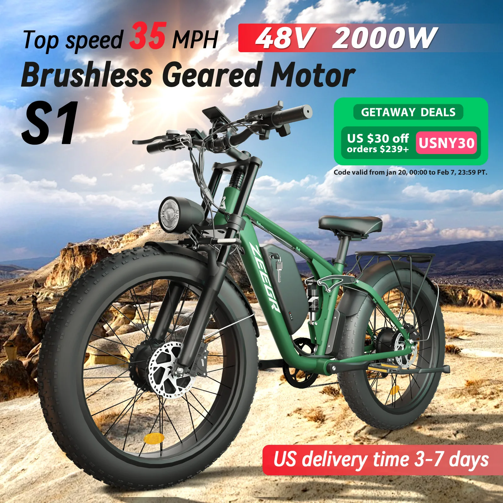 Zeegr S148v الدراجة الإلكترونية المزدوجة 2000 واط الدهون الإطارات Ebike 8 سرعة الثلوج دراجة الشاطئ 26*4.0 الدهون الإطارات الثور الدراجات الكهربائية تعليق كامل