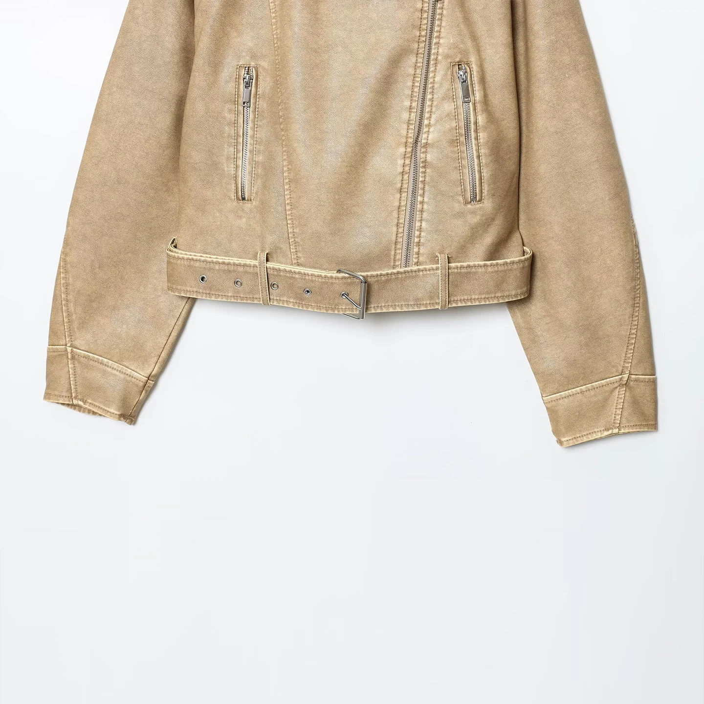 Chaqueta de Cuero do para Mujer, Estilo Simple y E, Corta, con Cinturón, Estilo Otoñal, Nueva, con Cremallera, Man...