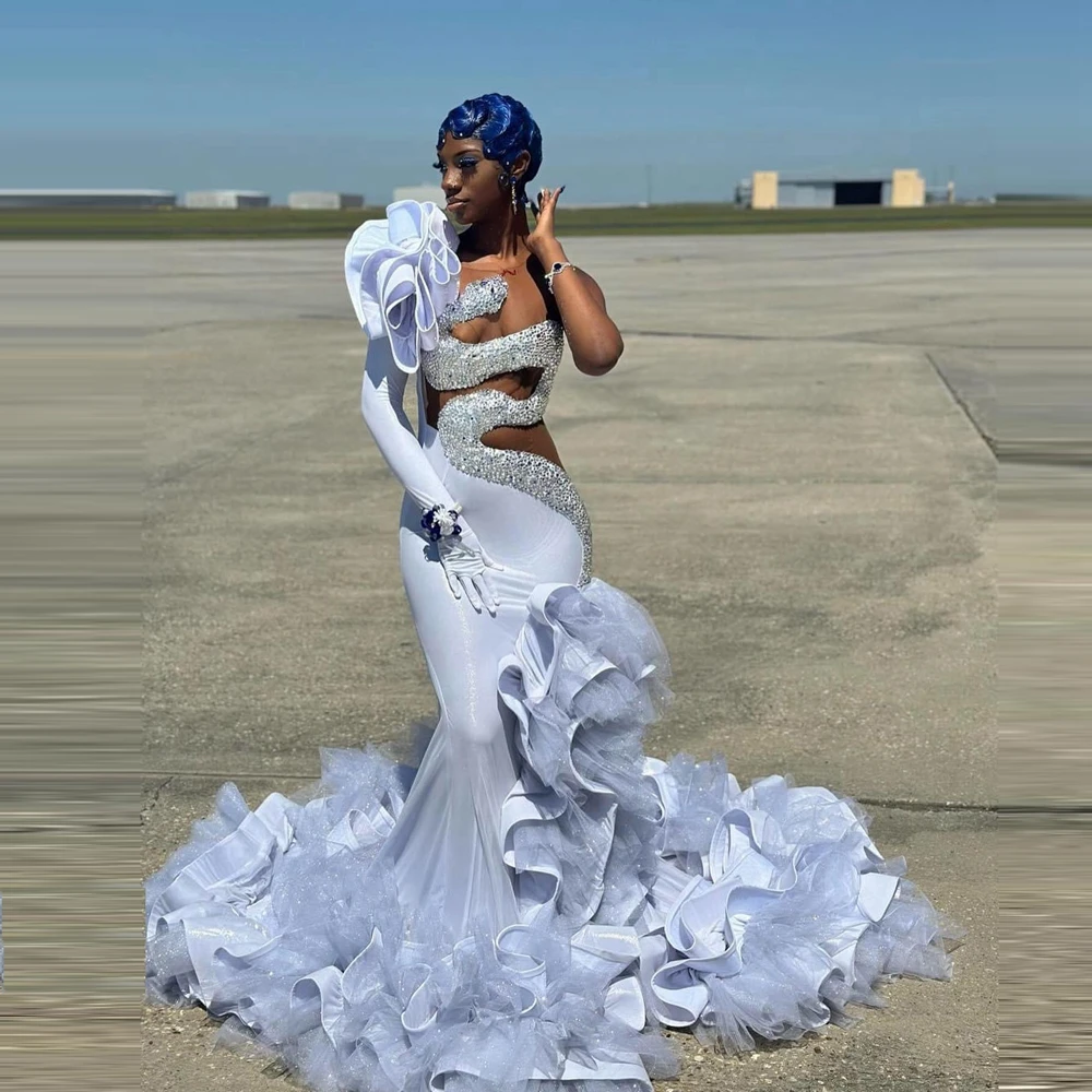 หนึ่งไหล่ Puffy Ruffles ชุดราตรี Glitter Sequined ซาตินตาข่ายชุดราตรีที่ไม่ซ้ํากัน Taffeta แอฟริกาผู้หญิงชุดพรรคอย่างเป็นทางการ