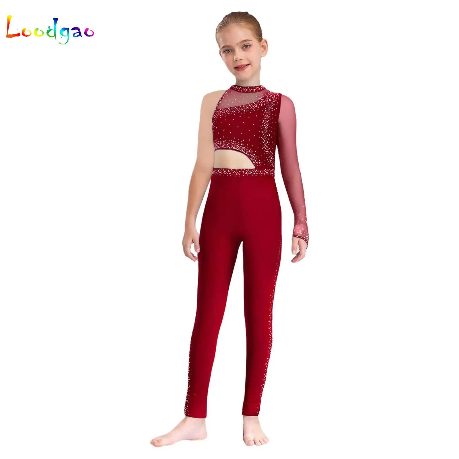 

Kids Girls Full Body Leotard Gymnastics Jersey Figure Skating Ballet Dance Performance Costume Dancewear Rhinestones Jumpsuit