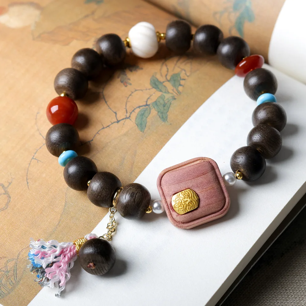 White Kynam Agarwood Drum Bead, Blood Cypress Wood & Antler Bead Chinese Style Women's Bracelet (Gift)