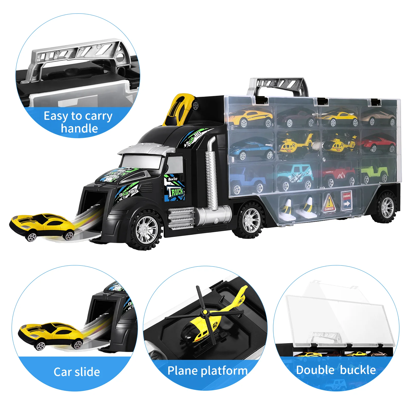 IBaseToy-camión transportador para niños, conjunto de vehículos pequeños, helicópteros, camión de transporte, Kit de coche para regalo