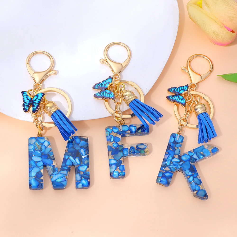 Classic Resin Blue Stone Filled Initals Keychain Gold Foil 26 Letters Name Keyrings With Butterfly For Women Girl Festival Gifts