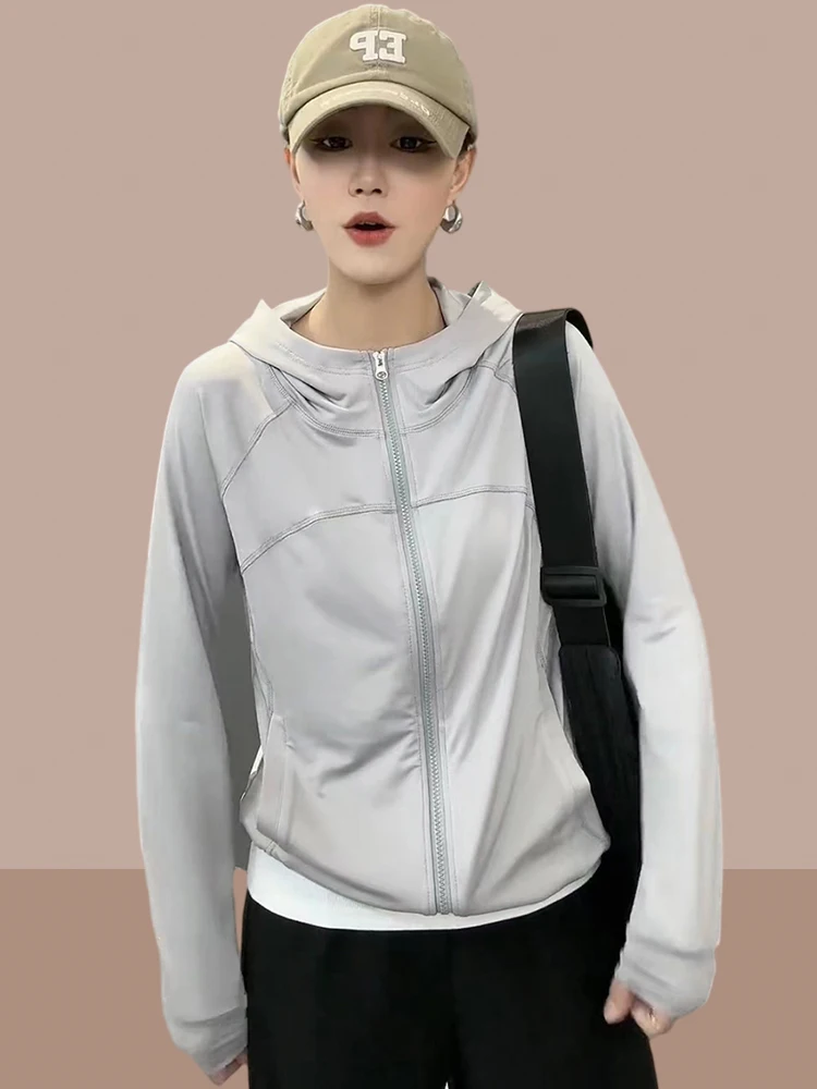 Women's Summer New Ice Silk Thin Outdoor Sun Protection Coat Hooded Zipper Closure Long Sleeve Loose Fit Cotton Casual Jacket