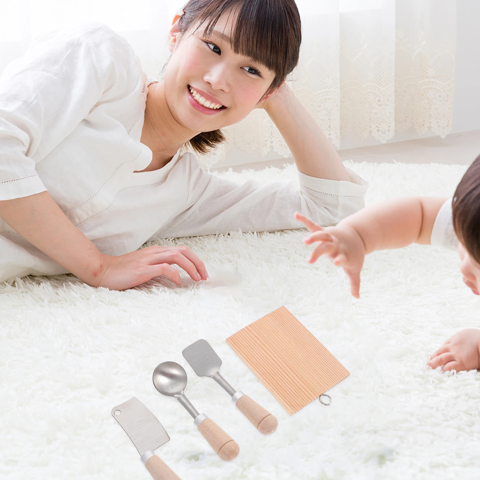 

Mini Kitchenware Set Kids Toy Wood Stainless Safe Smooth Creative Props Fully Equipped Simulation Small Spatula Imitation