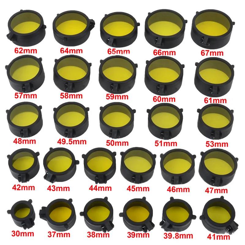 Tampa da lente do visor do rifle, tampa protetora à prova de poeira com abertura rápida para calibres de 30-69mm, acessórios para telescópios