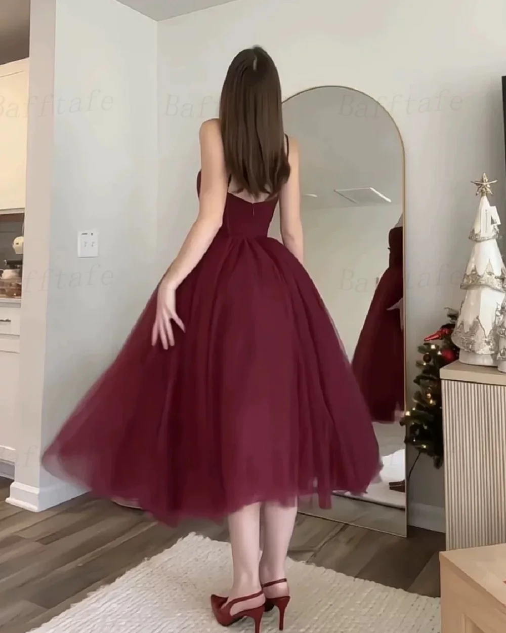 Bafftafe A Line Tulle Midi Prom Dresses Customized Spaghetti Straps Women Formal Special Occasion Party Bridesmaid Gowns 2025
