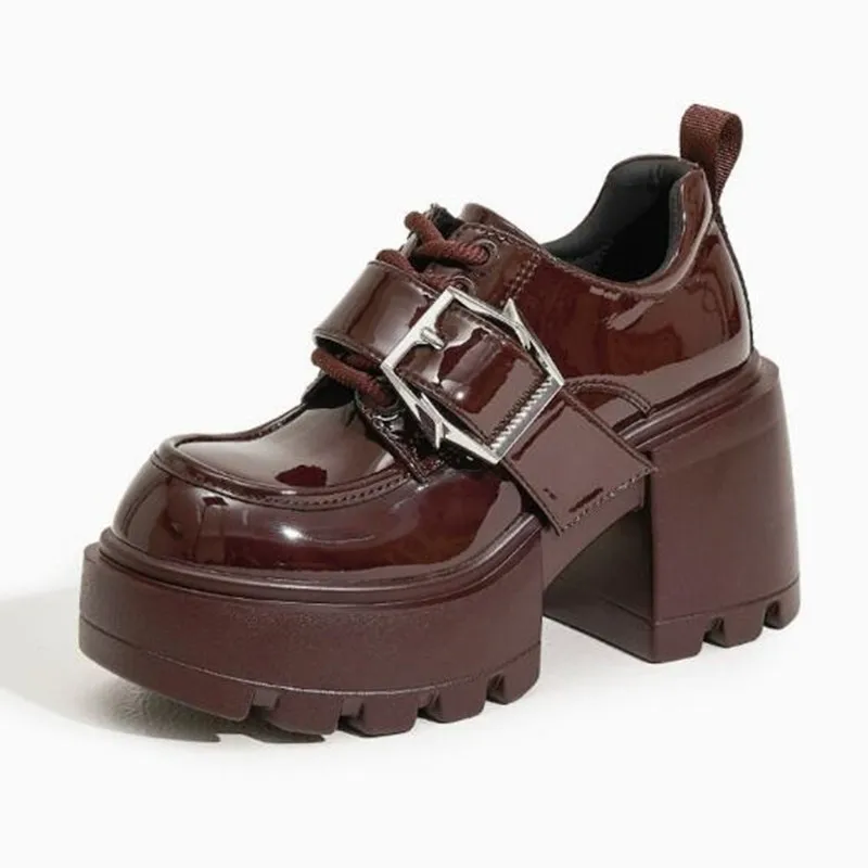 

8.5cm Square Thick High Heels Women 2026 New Summer Autumn Patent Leather Pumps Female Leisure Concise Mary Janes Oxfords Shoes