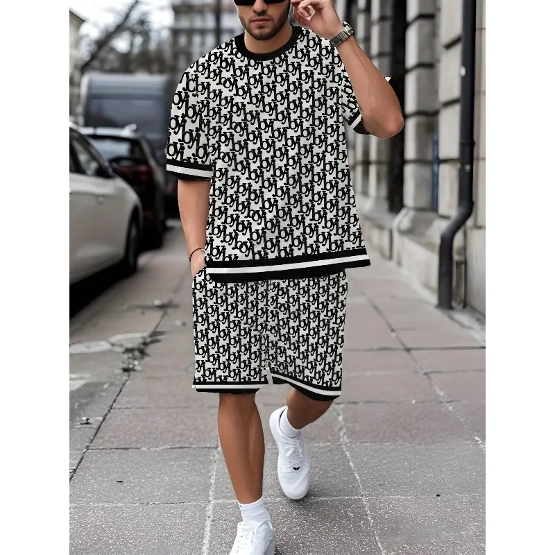 2025 Personalized 3D Printed Summer Round Neck Short Sleeved T-shirt and Shorts Set for Men's Daily Leisure Sports Street Travel