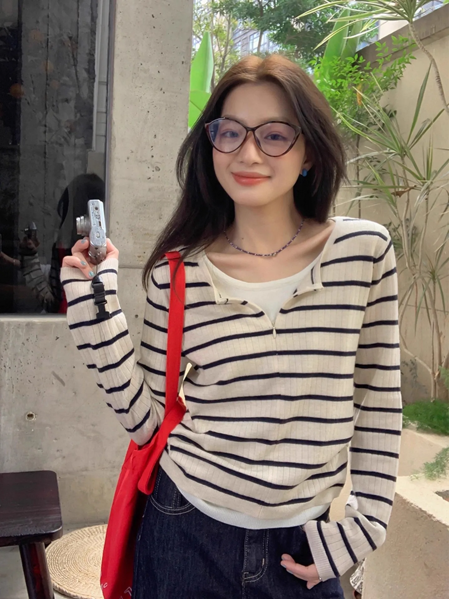 

Вязаный топ в полоску Lazy Sle, повседневная женская внутренняя одежда для похудения, корейский свободный крой, длинный све, дышащий, приятный для кожи