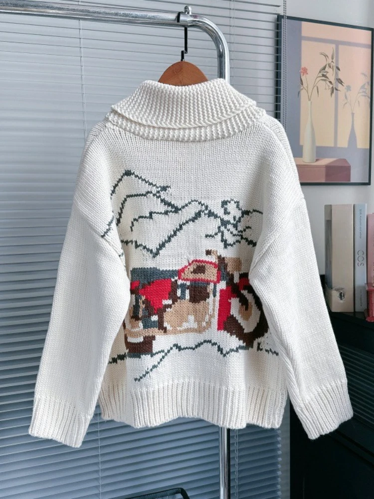 

Fashion Design Vintage Sweaters Turn Down Collar Zipper Pockets Jacquard Cardigan 2025 New Knit Tops All Match Women's Clothing