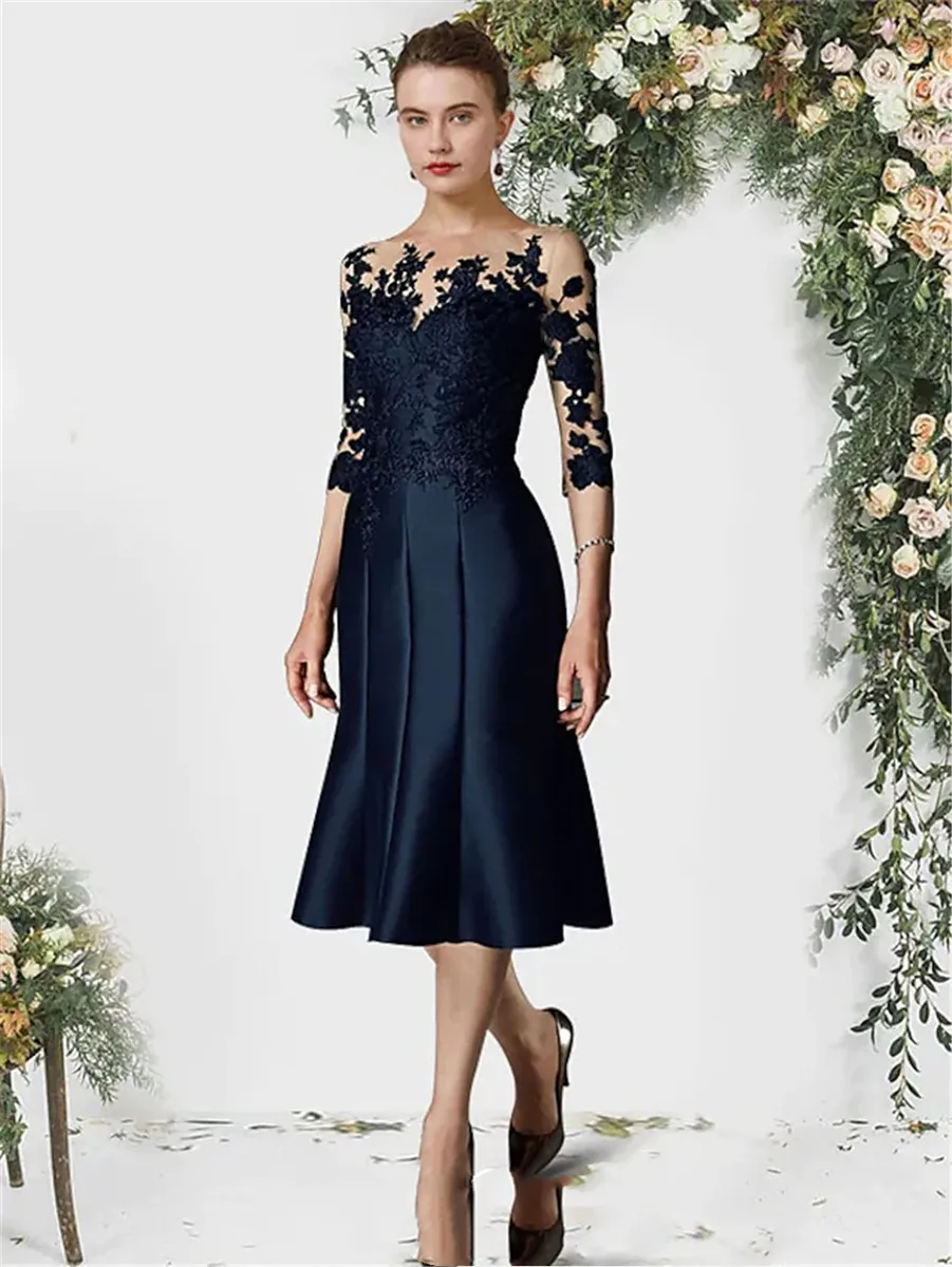 

Black Lace Satin Mother of the Bride Dress Simple Elegant Knee Length Half Sleeve Prom Party Gown For Women Wedding Guest Robe