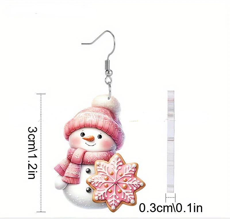 Pink sequined acrylic cartoon Christmas snowman earrings, 2024 women's jewelry gift suitable for parties and celebrations