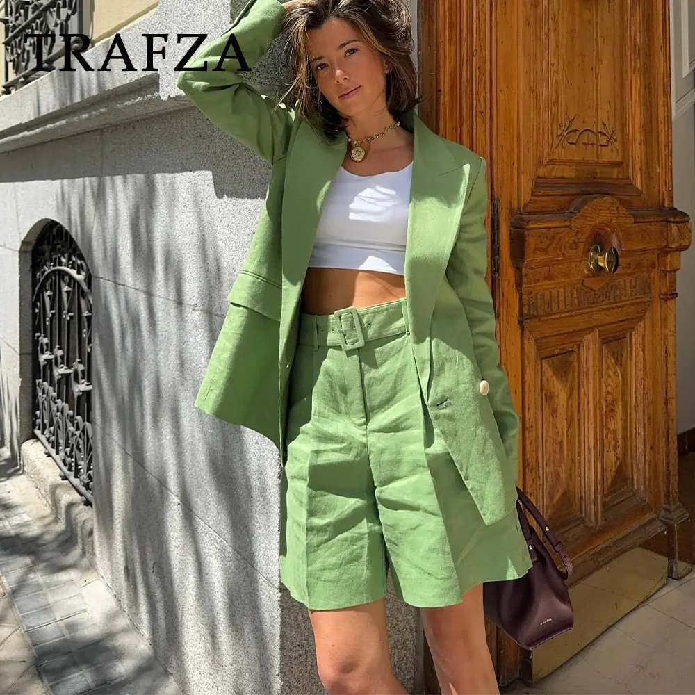 TRAFZA 2024 wiosna lato Office Lady jednolite garnitury moda Streetwear kieszenie wzruszając ramionami dwurzędowe marynarki + szorty z szarfami na