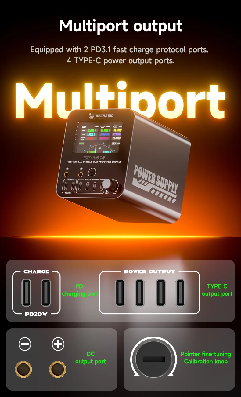 【MECHANIC】 Digitales Netzteil, 24 V, 5 A, Spannungs-/Stromdetektor mit mehreren Anschlüssen, 3,2-Zoll-Display, 3 Mech-Modi, Überlastschutz
