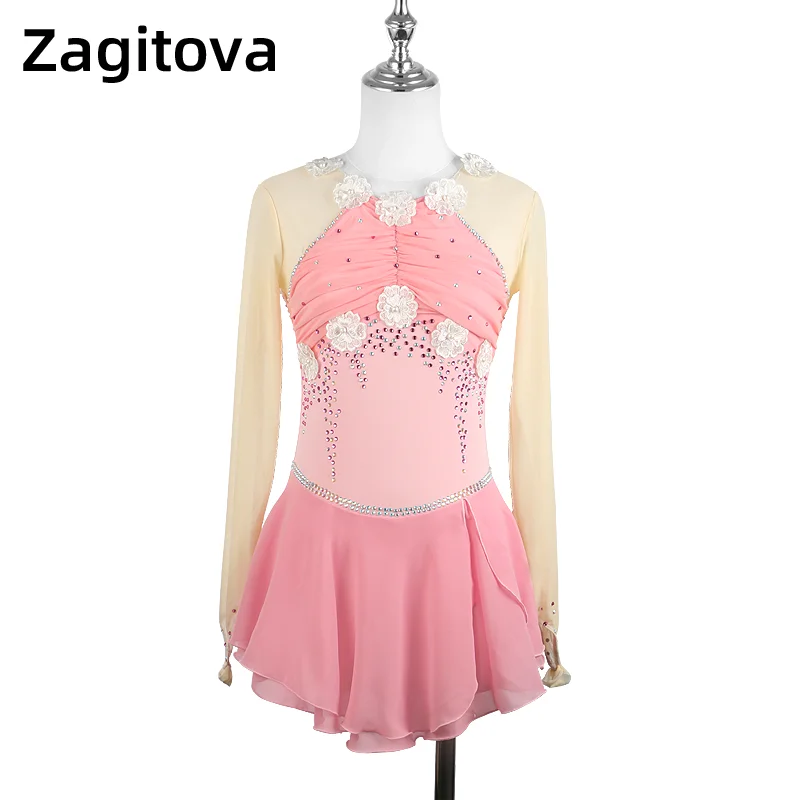 

Figure Skating Performance Dress For Women Girls Ice Skating Dress Long Sleeves Pink Lovely Princess Dress With Shining Diamonds