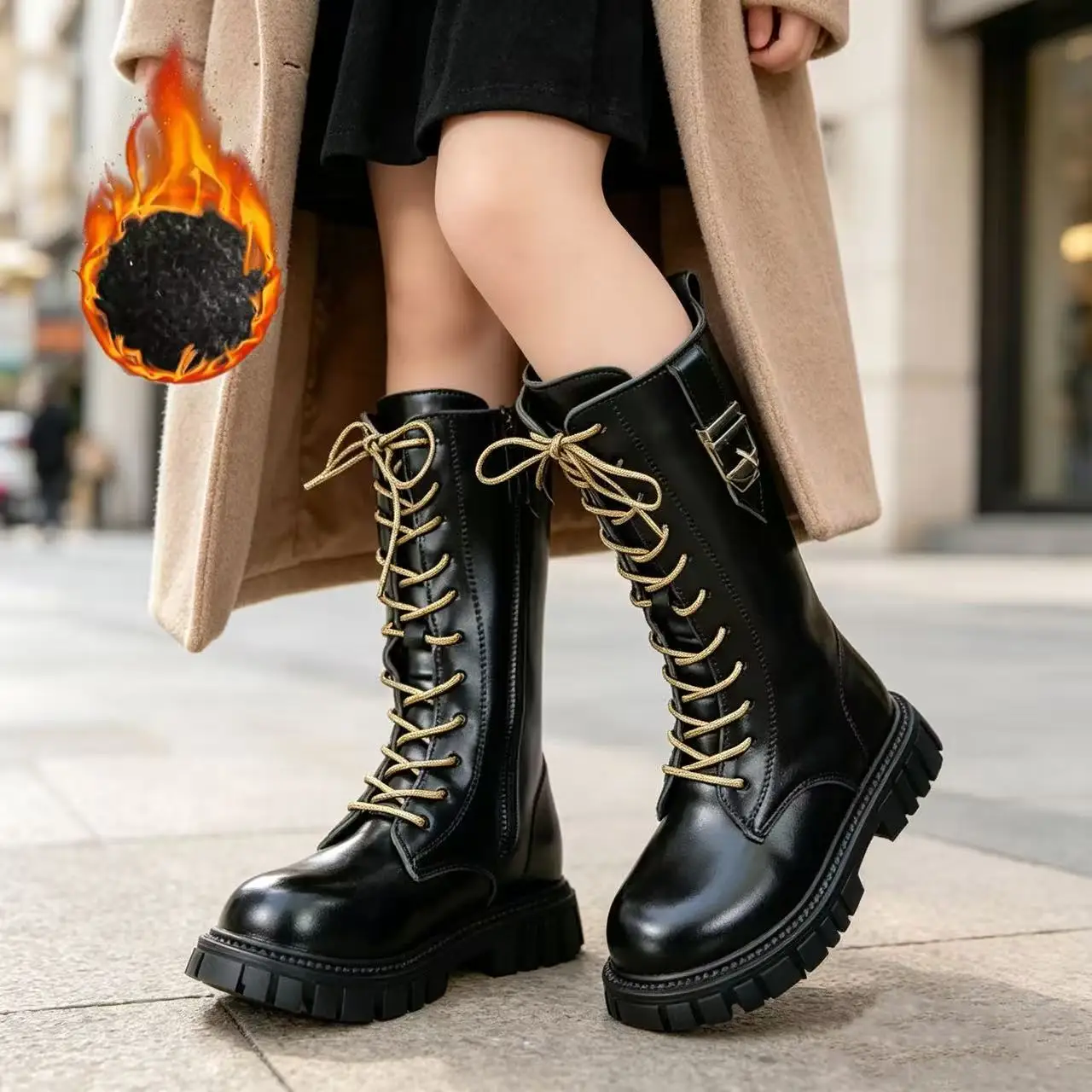 Girls Fleece Lined Riding Boots Winter Water-Resistant Knee-High Boots Side Zipper Non-Slip Outdoor School Shoes (Black & Beige)