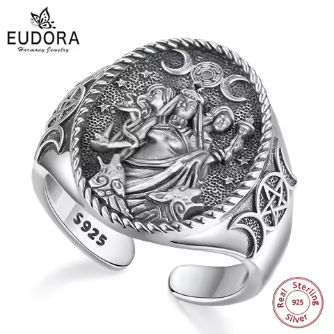Eudora 925 Sterling Silver Triple Moon Goddess Adjustable Ring Dog Hecate Amulet Ring Triple Goddess Jewelry for Women Man Gift