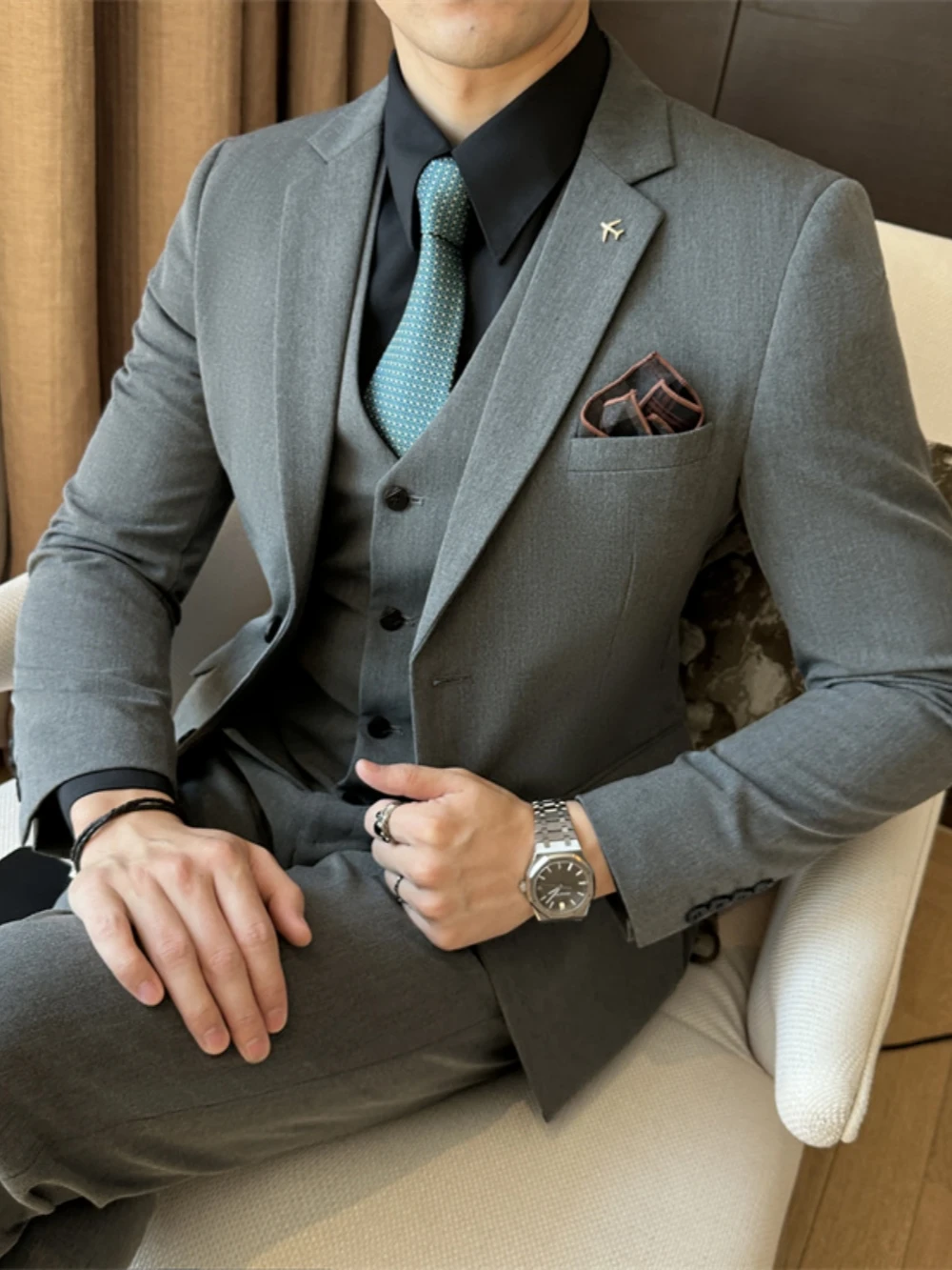 Solid Men's Slim Fit Suits Formal Business Set Autumn Notched Lapel Suit Jacket Man Wedding Groom Sets Chic Full Sleeve Tuxedo