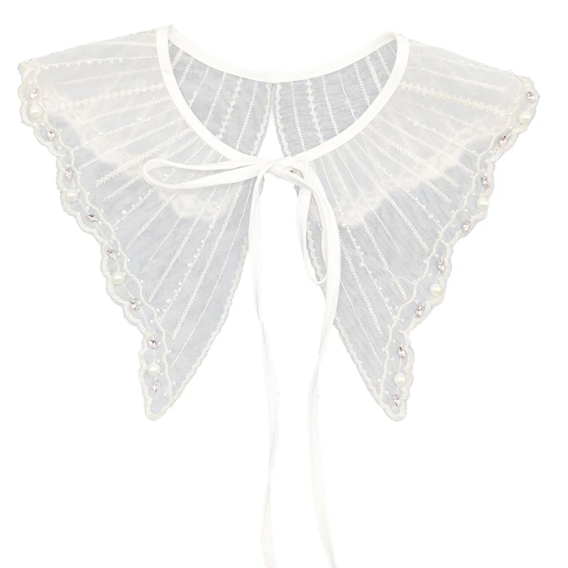 Women Imitation Pearl Beaded Detachable Fake Collar Shawl Embroidery Striped Jewellery Necklace Lace-Up Bowknot Capelet